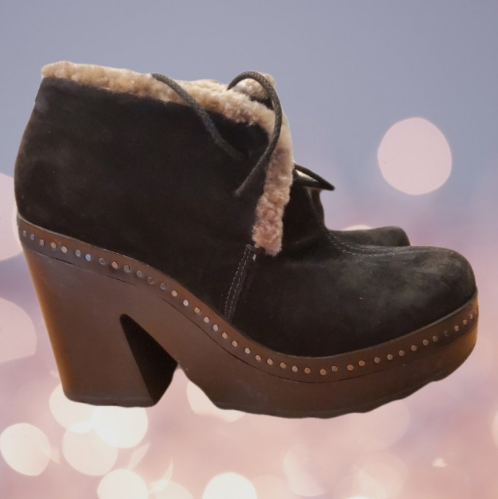 rag & bone Black Suede Shearling Trim Platform Ankle Boots